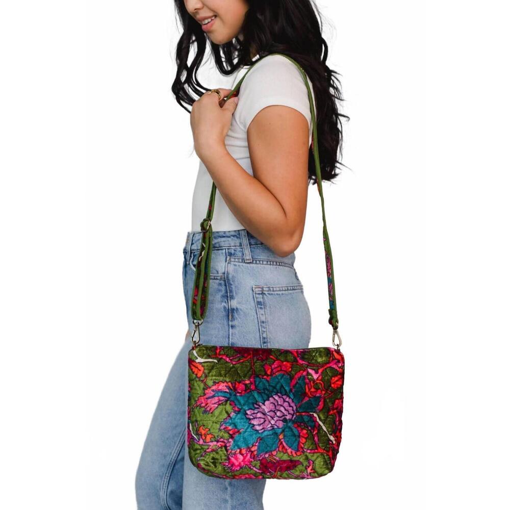 NEW PANACHE APPAREL women's velvet floral crossbody bag in olive and multicolore